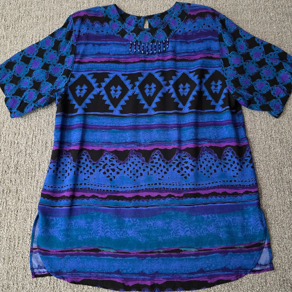 Vintage Carole Little Rayon Tribal Tunic Dress Blue Purple Artsy Boho 12